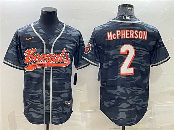 Men's Cincinnati Bengals #2 Evan McPherson Gray Camo With Patch Cool Base Stitched Baseball Jersey